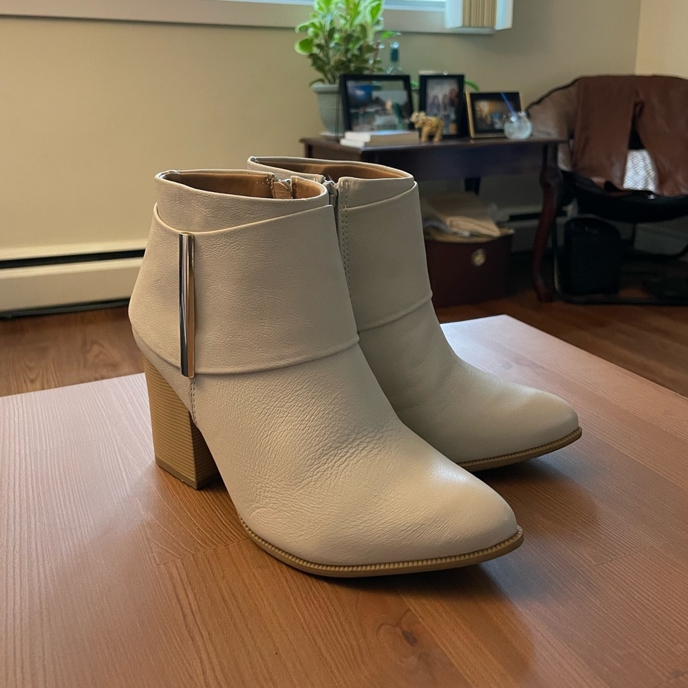 Cream Brazilian leather and gold, block heeled, booties in women’s size 5.5